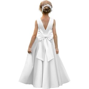 Satin Flower Girl Dresses for Wedding Pearls Backless Princess Pageant Dress with Bow SU001 in Saudi Arabia
