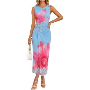 ZESICA Women's 2026 Summer Floral Bodycon Midi Dress Sleeveless Crewneck Mesh Ruched Wedding Guest Party Long Dresses in Kuwait