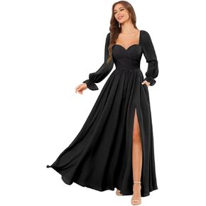 Mollyevers Long Sleeve Chiffon Bridesmaid Dresses for Women with Pockets Fall Ruched Formal Evening Gown with Slit in Kuwait
