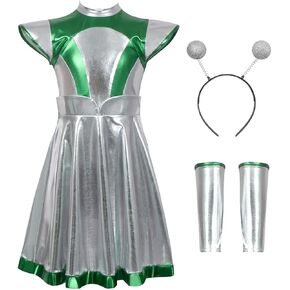 3 قطعة زي المرأة الغريبة فستان ميتاليك تأثيري هالوين روبوت الفضاء الخارجي الزي مع قفازات عقال in Kuwait