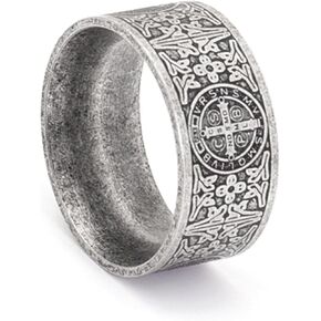 Exorcist Saint Benedict Vintage Titanium Steel Ring, Christian Protection Amulet 10mm Wide Band, Retro Religious Jewelry in Kuwait