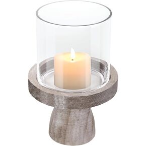 حامل شموع على شكل إعصار زجاجي واسع للمزرعة مقاس 7 بوصات ومزهرية زجاجية مع قاعدة خشبية متينة بنية عتيقة لترتيب الأعمدة والزهور، تررم، قطعة مركزية، طاولة وحدة التحكم، طاولة طعام، رف رف in Kuwait