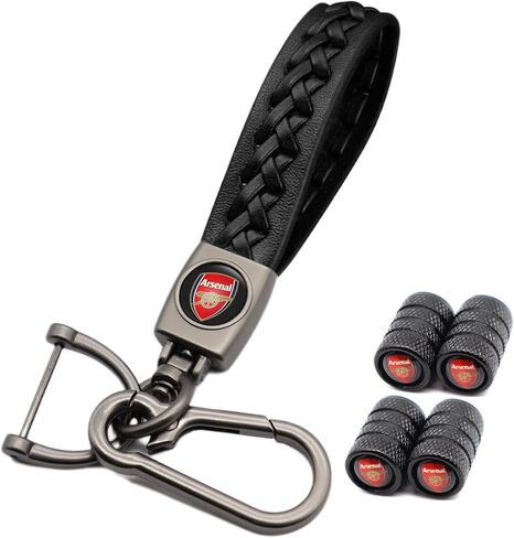 4 قطع من أغطية جذع صمام إطارات السيارة ومجموعة سلسلة مفاتيح السيارة، حلقة مفاتيح جلدية للسيارة مع مجموعة غطاء صمام إطار من الألومنيوم المؤكسد (متوافقة مع نادي أرسنال لكرة القدم) in Kuwait