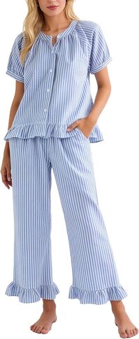 Flygo Womens Striped Pajama Sets 2 Piece Cotton Pjs Lounge Set Ruffle Button Down Tops Long Pants Soft Sleepwear with Pockets(Blue-XL) in Saudi Arabia
