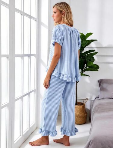 Flygo Womens Striped Pajama Sets 2 Piece Cotton Pjs Lounge Set Ruffle Button Down Tops Long Pants Soft Sleepwear with Pockets(Blue-XL) in Saudi Arabia