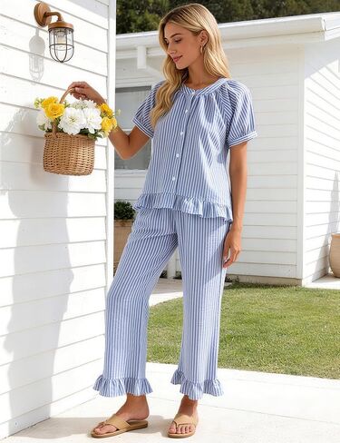 Flygo Womens Striped Pajama Sets 2 Piece Cotton Pjs Lounge Set Ruffle Button Down Tops Long Pants Soft Sleepwear with Pockets(Blue-XL) in Saudi Arabia