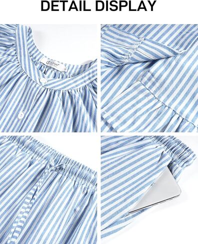 Flygo Womens Striped Pajama Sets 2 Piece Cotton Pjs Lounge Set Ruffle Button Down Tops Long Pants Soft Sleepwear with Pockets(Blue-XL) in Saudi Arabia
