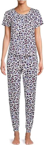 طقم بيجامة نوم نسائية من Secret Treasures باللونين الأزرق والوردي بطبعة الفهد وسروال الركض in Kuwait