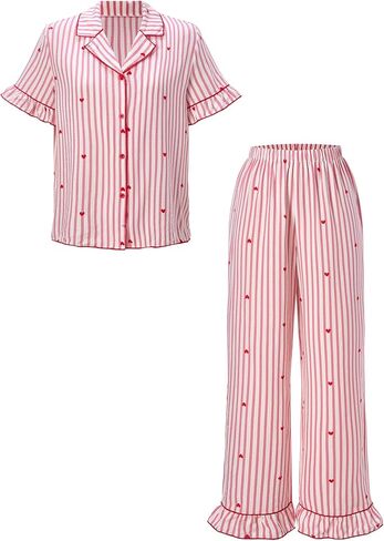 Women's Cute Heart Striped Pajama Set 2 Piece Ruffle Button Down Short Sleeve Shirt Pants Lounge Sets in Saudi Arabia