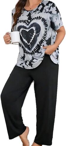 2 Piece Women Plus Size Tie Dye Lounge Pajama Set Short Sleeve Top Long Pants Comfortable Home Sleepwear Relaxed Fit in Saudi Arabia
