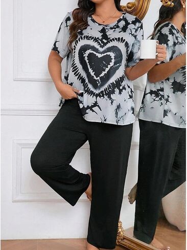 2 Piece Women Plus Size Tie Dye Lounge Pajama Set Short Sleeve Top Long Pants Comfortable Home Sleepwear Relaxed Fit in Saudi Arabia