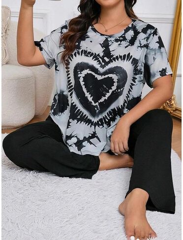 2 Piece Women Plus Size Tie Dye Lounge Pajama Set Short Sleeve Top Long Pants Comfortable Home Sleepwear Relaxed Fit in Saudi Arabia