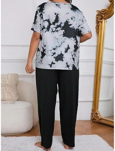 2 Piece Women Plus Size Tie Dye Lounge Pajama Set Short Sleeve Top Long Pants Comfortable Home Sleepwear Relaxed Fit in Saudi Arabia