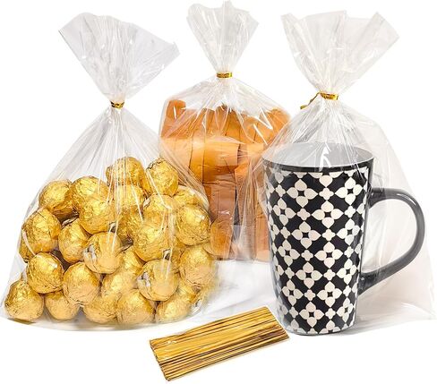 QOIUSO 100pcs Cellophane Treat Bags: Cellophane Bags, 4 x 6 Inch Small Clear Goodie Candy Snacks Cookies Gift Bags with 4 Colors Twist Ties for Gift Wrapping Packaging Decorations Storage in Kuwait