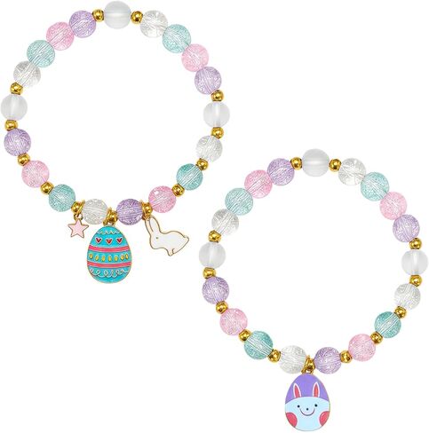2 Pcs Easter Bracelets Set, Cute Bunny Bracelets Charm Stretch Jewelry, Pastel Color Beaded Bunny Jewelry for Women Girlfriend Youth, Easter Accessories Basket Stuffers & Gifts in Kuwait