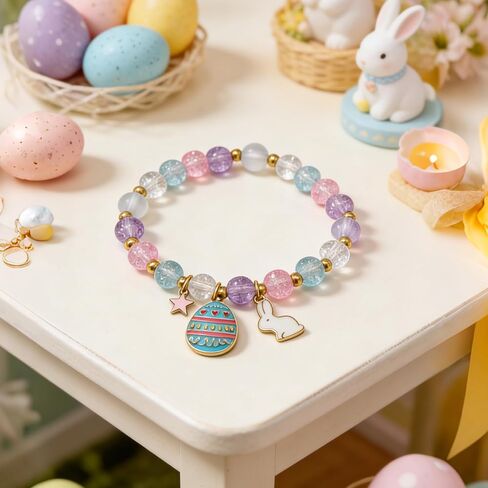 2 Pcs Easter Bracelets Set, Cute Bunny Bracelets Charm Stretch Jewelry, Pastel Color Beaded Bunny Jewelry for Women Girlfriend Youth, Easter Accessories Basket Stuffers & Gifts in Kuwait