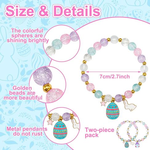 2 Pcs Easter Bracelets Set, Cute Bunny Bracelets Charm Stretch Jewelry, Pastel Color Beaded Bunny Jewelry for Women Girlfriend Youth, Easter Accessories Basket Stuffers & Gifts in Kuwait