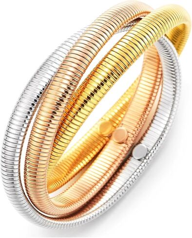 COOLSTEELANDBEYOND Tri-Color Coil Bangle Bracelet for Women Silver Gold Rose Gold Flexible Snake Wrap Cuff Retro Jewelry in Saudi Arabia