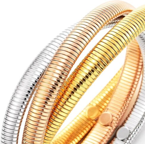 COOLSTEELANDBEYOND Tri-Color Coil Bangle Bracelet for Women Silver Gold Rose Gold Flexible Snake Wrap Cuff Retro Jewelry in Saudi Arabia