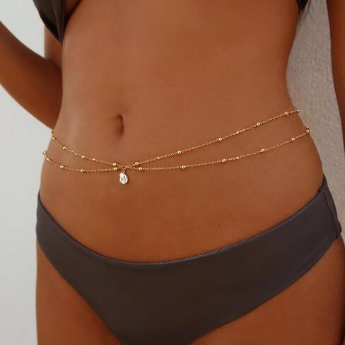 MOODEAR 14K Gold Plated Waist Chain for Women – Layered Belly Bead Body Chain Belt, Waterproof Summer Beach Jewelry for Bikini, Dress & Vacation in Saudi Arabia