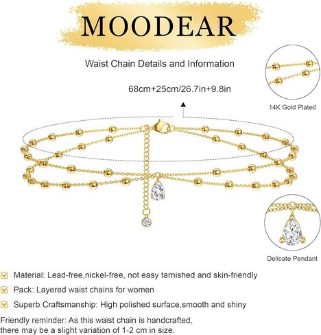 MOODEAR 14K Gold Plated Waist Chain for Women – Layered Belly Bead Body Chain Belt, Waterproof Summer Beach Jewelry for Bikini, Dress & Vacation in Saudi Arabia