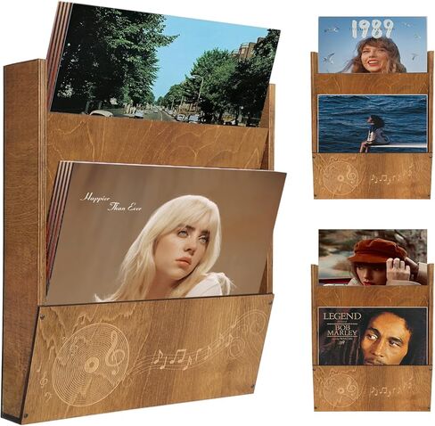 مجموعتان من رف عرض مثبت على الحائط من الفينيل، رف تخزين من 4 طبقات، يحمل 50-80 سجلًا، خشب مع تصميم ملاحظات موسيقية in Kuwait