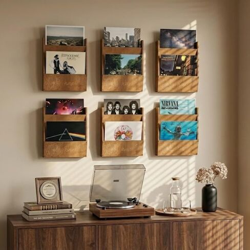 مجموعتان من رف عرض مثبت على الحائط من الفينيل، رف تخزين من 4 طبقات، يحمل 50-80 سجلًا، خشب مع تصميم ملاحظات موسيقية in Kuwait