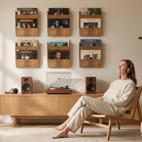 مجموعتان من رف عرض مثبت على الحائط من الفينيل، رف تخزين من 4 طبقات، يحمل 50-80 سجلًا، خشب مع تصميم ملاحظات موسيقية in Kuwait