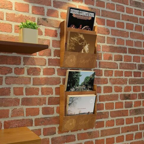 مجموعتان من رف عرض مثبت على الحائط من الفينيل، رف تخزين من 4 طبقات، يحمل 50-80 سجلًا، خشب مع تصميم ملاحظات موسيقية in Kuwait