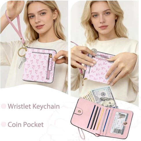 محفظة COSHAYSOO مخصصة RFID رفيعة ثنائية الطي للفتيات المراهقات والنساء مع سلسلة مفاتيح معصم، محافظ صغيرة لطيفة وهدايا عيد ميلاد للسفر للمراهقات الجامعيين Y2K Fashion in Kuwait
