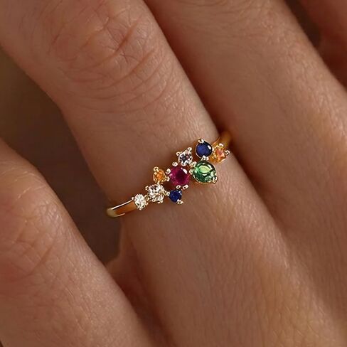 Multi-Gemstone Colorful Ring Gold Plated Open Ring for Women Stackable Fashion for Daily Wear in Saudi Arabia
