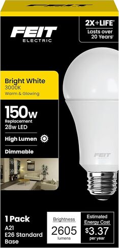 Feit Electric A21 LED Light Bulb, 150W Equivalent, Dimmable, 2605 Lumens, E26 Standard Base, 3000K Bright White, 80 CRI, High Output LED Light Bulb, Damp Rated, 15,000-Hour Lifetime, OM150DM/830/LED in Kuwait