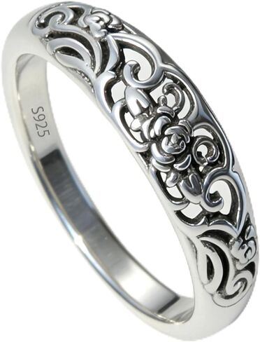 925 Sterling Silver Ring for Women - Victorian Filigree Oxidized Vintage Openwork Floral Band, Handmade Statement Promise Ring, Elegant Gift for Her, Wedding Anniversary Band in Saudi Arabia