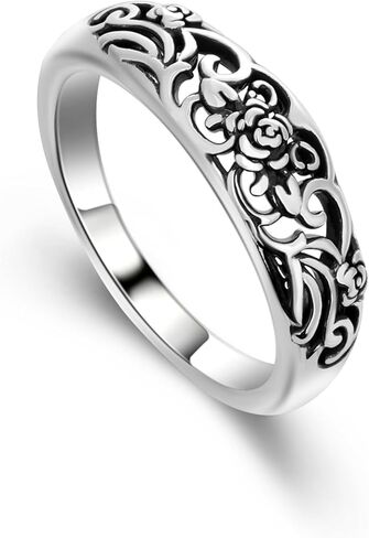 925 Sterling Silver Ring for Women - Victorian Filigree Oxidized Vintage Openwork Floral Band, Handmade Statement Promise Ring, Elegant Gift for Her, Wedding Anniversary Band in Saudi Arabia