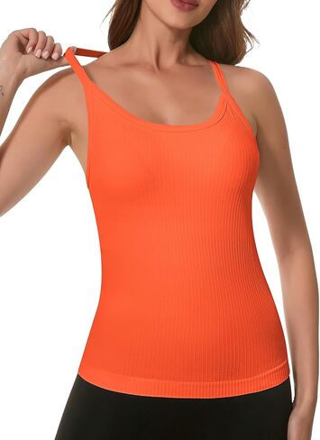 UG Active Basic Cami Tank Top with Built in Bra for Women Spaghetti Strap Ribbed Tank Top Padded Seamless Workout Tops in Saudi Arabia