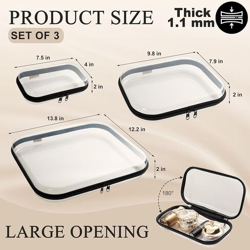 Clear Hard Shell Zipper Case 1.1mm Set S+M+L, Premium Plastic Hardshell Pouches and Storage Boxes for Clothes, Toys, Makeup, Toiletry & Travel, Zip Up Organizer Bags and Packing Cubes. in Saudi Arabia