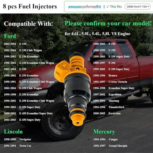 Engine Fuel Injector Kits for Ford, Lincoln, Mercury Vehicles 4.6L 5.0L 5.4L 5.8L E150, E250, E350, F150, F250, F350, Mustang Set of 8 Fuel Injectors OE # 0280150943, 0280150939, 0280150909 in Kuwait