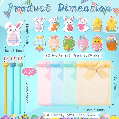 geyoga 24 مجموعة من بيضة أرنب عيد الفصح ملاحظات لاصقة، 0.5 مم أقلام حبر جل بيض أرنب وأكياس هدايا، ألوان زاهية وسادات ملاحظات عيد الفصح لحشو سلة الأشياء الجيدة وحشو حقائب تزيين الحفلات هدية جديدة in Kuwait