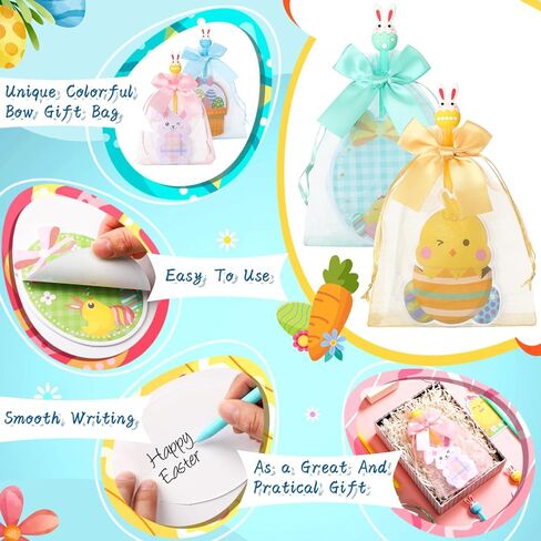 geyoga 24 مجموعة من بيضة أرنب عيد الفصح ملاحظات لاصقة، 0.5 مم أقلام حبر جل بيض أرنب وأكياس هدايا، ألوان زاهية وسادات ملاحظات عيد الفصح لحشو سلة الأشياء الجيدة وحشو حقائب تزيين الحفلات هدية جديدة in Kuwait