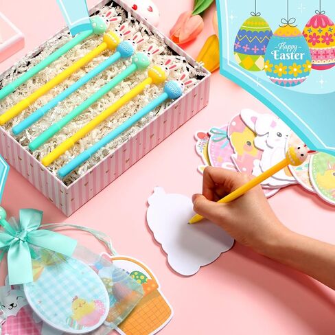 geyoga 24 مجموعة من بيضة أرنب عيد الفصح ملاحظات لاصقة، 0.5 مم أقلام حبر جل بيض أرنب وأكياس هدايا، ألوان زاهية وسادات ملاحظات عيد الفصح لحشو سلة الأشياء الجيدة وحشو حقائب تزيين الحفلات هدية جديدة in Kuwait