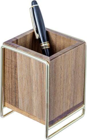 MyGift 3.3 Inch Round Premium Acacia Solid Wood Pencil Cup with Modern Fluted Design, Rustic Wooden Desktop Pen Holder and Office Desk Stationery in Saudi Arabia