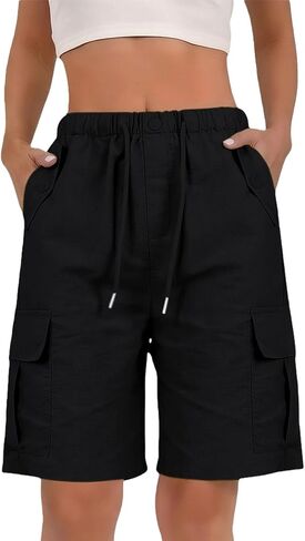 Bermuda Shorts for Women Linen Shorts Knee Length High Waisted Elastic Drawstring Summer Casual Pockets Beach Travel in Kuwait