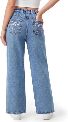 PATPAT Girls Wide Leg Jeans 5-14 Years, Baggy Bow Embroidery Mid Elastic Waist Denim Pants with Zipper Fly in Kuwait