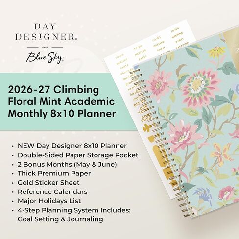 Blue Sky Day Designer 2026-2027 Monthly Academic Year Planner Calendar, July 2026 - June 2027, 8" x 10", Monthly Layout, Flexible Cover, Wirebound, Laminated Tabs, Climbing Floral Mint in Saudi Arabia