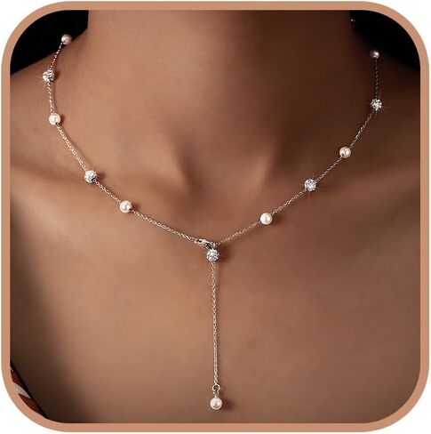 UTISUVIKO Pearl Necklace for Women, 925 Sterling Silver Pearl Drop Y shaped Necklace with Cubic Zirconia Crystal Ball Sparkle Necklace for Brides Adjustable Silver Wedding Necklace for Mother's Day Jewelry Gifts in Saudi Arabia