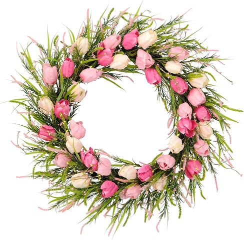 Puleo International 30 بوصة إكليل زهور التوليب الاصطناعي لباب الربيع، أخضر/وردي in Kuwait