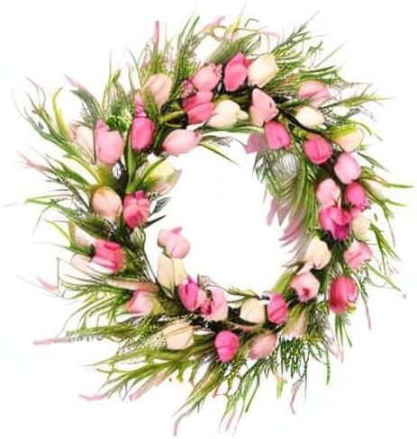 Puleo International 30 بوصة إكليل زهور التوليب الاصطناعي لباب الربيع، أخضر/وردي in Kuwait