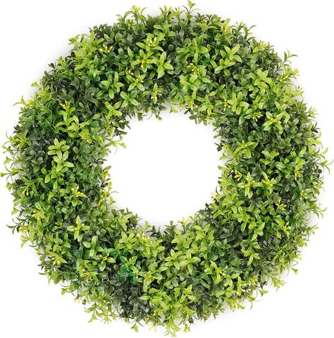 20" Boxwood Wreaths for Front Door, Window, Artificial Spring Summer Green Wreath with Yellow Buds, Evergreen Wreath for Indoor Outdoor Wreath -St Patricks Day All Seasons in Saudi Arabia