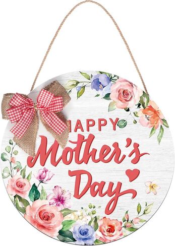 Happy Mother's Day Welcome Sign Wreath 12 Inch Round Wooden Hanging Door Sign Colorful Floral Rustic Farmhouse Porch Decorations with Ribbon Bow for Mother's Day Front Door Decor in Saudi Arabia