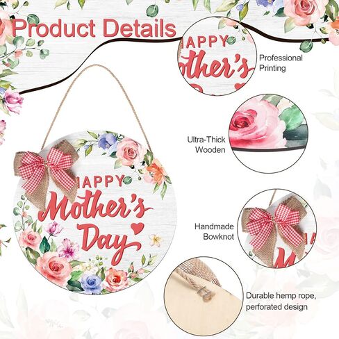 Happy Mother's Day Welcome Sign Wreath 12 Inch Round Wooden Hanging Door Sign Colorful Floral Rustic Farmhouse Porch Decorations with Ribbon Bow for Mother's Day Front Door Decor in Saudi Arabia